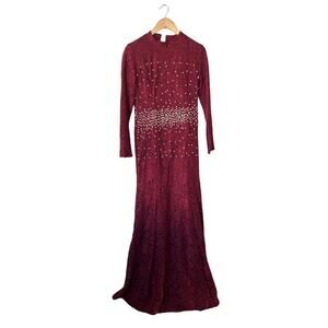 Mihir Burgundy Lace And Pearl Long Sleeve Modest Gown Size 42
